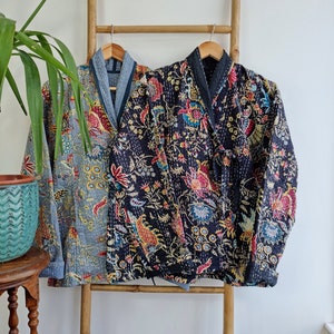 Kantha Reversible Short Length Spring Bolero All Season Bohemian Melange Artist Front Tie Open Jacket | Quirky Black Japanese Oriental Art