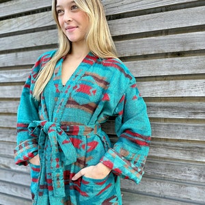Unisex Yak Wool Blend Warm Cosy Kimono/Robe – Regal Ocean Aqua Slated Turquoise Hues Red Brown Geometric Stripe Aztec Print | Christmas Love