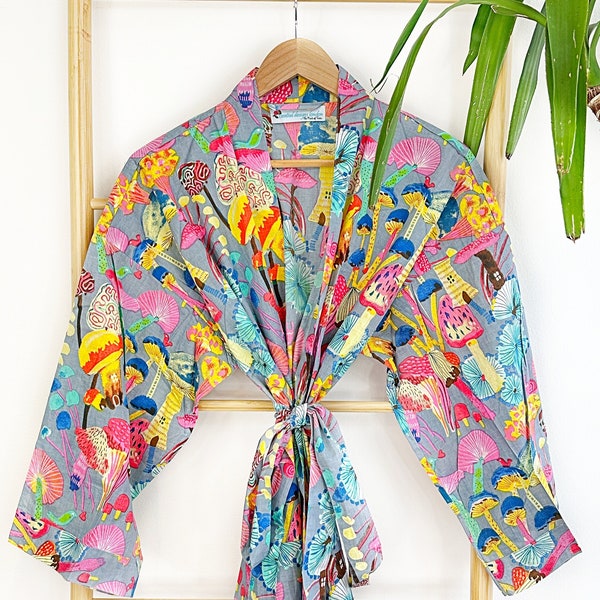 Men’s Cotton Funky House Robe Kimono | Light Grey Hue Yellow Aqua Pink Mushroom Cool Dad Gift Graduation Father | Quirky Festival Boho