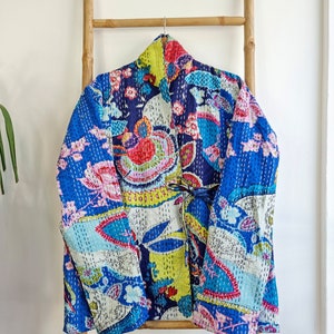 Kantha Reversible Short Length Spring Bolero All Season Bohemian Melange Artist Front Tie Open Jacket | Quirky Blue Japapnse Oriental Art
