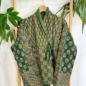 Kantha Reversible Ajrakh Short Length Spring Bolero Bohemian Melange Artist Unisex Front Tie Open Jacket Green Hue Quirky Festival Patchwork
