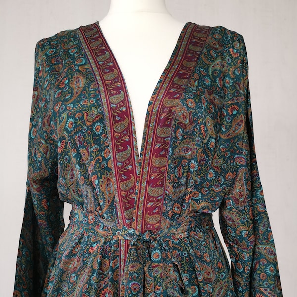 New Silk Sari Boho Kimono Regal House Robe - Luxury Lounge Digital Print Flowy Gown | Regal Green Red Paisley |Floral Duster Beach Coverup
