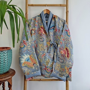 Kantha Reversible Short Length Spring Bolero Bohemian Melange Artist Front Tie Open Jacket | Quirky Grey Pastel Japanese Oriental Art