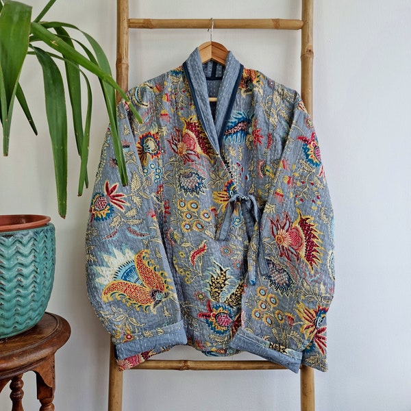 Kantha Reversible Short Length Spring Bolero Bohemian Melange Artist Front Tie Open Jacket | Quirky Grey Pastel Japanese Oriental Art