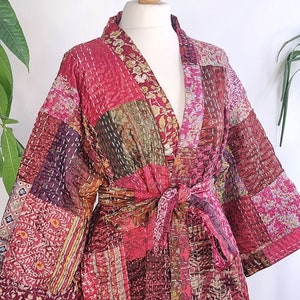 Silk Kantha Cotton Knee Length Patchwork Reversible Kimono Jacket Unisex Robe Handmade Sustainable Eco-fashion Boho Gift Regal | Ruby Maroon