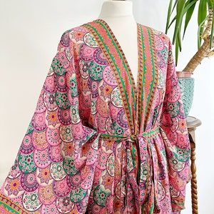 New Silky Sari Boho Kimono Regal House Robe Luxury Lounge Flowy Gown Cream Rich Pretty Pink Emerald Paisley Floral Duster Beach Coverup