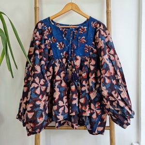 Pure Cotton Earthy Floral Bohemian Blouse Top Indian Bagru Block Print Summer Elegant Comfy Daywear Casual Mommy Balloon Sleeve Bib Style