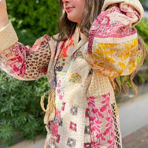 Kantha Reversible Short Length Spring Bolero All Season Bohemian Melange Artist Front Tie Open Jacket | Earthy Beige Patchwork