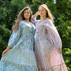 Pure Cotton Long Maxi Dress Indian Block Print Pastel Summer Earthy Elegant Mommy Comfy Daywear Beach Outfit Grey Aqua Blue Pink Hue