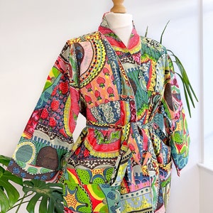 Pure Cotton Handprinted House Robe Summer Kimono | Floral Beach | Quirky Colourful Strawberry Abstract Green Pink Blue Yellow Boho Festival