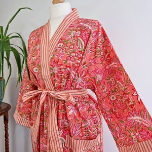 Pure Cotton Indian Block printed House Bridal Robe Kimono | Floral Beach Coverup/Comfy Maternity Mom | Pretty Pink Peach Dream Love Stripe