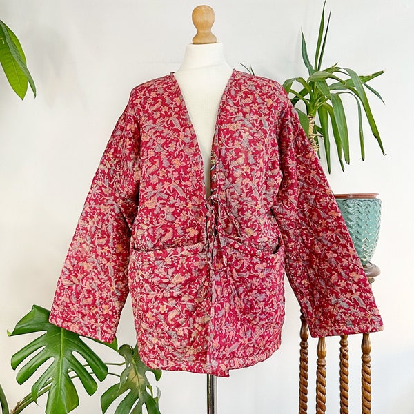Quilted Unisex Recycled Silk Cotton Reversible Short Length Bolero | Japanese Style  Boho Open Quirky Jacket | Love Red Gardenia Bloom