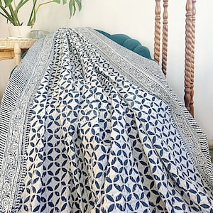Kantha Stitch Pure Cotton Reversible Bed/Sofa Throw King Size | Handmade HandPrinted Floral Dohar | White Navy Blue Geometric Petal Weave