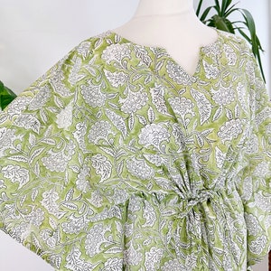 Pure Cotton Kaftan Long Dress Indian Blockprint Summer Kimono Floral Beach Coverup Comfy Maternity Pastel Olive Green Gingko Paradise Bloom