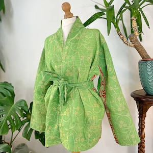 Short Length Spring Artisanal Bolero All Season Bohemian Melange Artist Front Tie Open Jacket | Lime Spring Green Hue Floral Wave