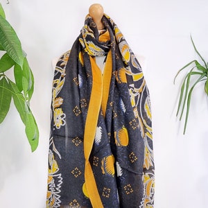 Pure Wool Pashmina Unisex Scarf Stole  Wool Scarves Christmas Gift All Season Kashmir Wrap | Regal Black Beige Mustard  Floral Tulip