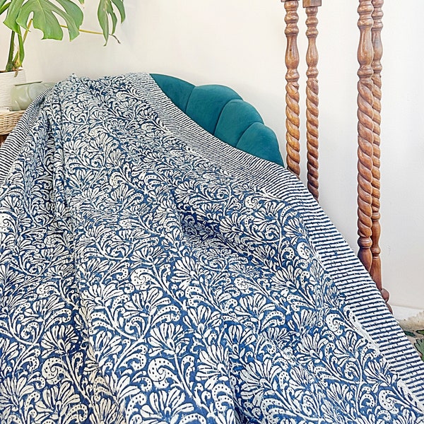 Kantha Stitch Pure Cotton Reversible Bed/Sofa Throw King Size | Handmade HandPrint Dohar White Blue Jaipur Floral Persian Pottery Motifs