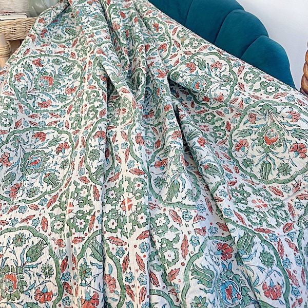 Kantha Stitch Pure Cotton Reversible Bed/Sofa Throw King Size | Handmade HandPrinted Floral Dohar White Sage Green Pottery Mandala Geometric