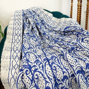 Kantha Stitch Pure Cotton Reversible Bed/Sofa Throw King Size | Handmade HandPrinted Floral Dohar | White Indigo Blue Paisley Stripe Border