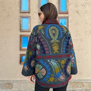 Suzani Hand Embroidered Unisex Bolero Short Artist Jacket Spring Boho Festival Yatch Special Love Gift | Quirky Black Muted Hues