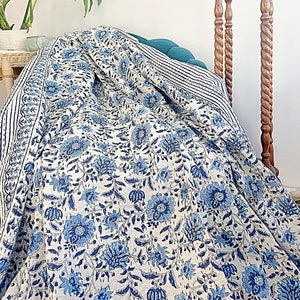 Kantha Stitch Pure Cotton Reversible Bed/Sofa Throw King Size | Handmade HandPrinted Floral Dohar | White Blue Garden Floral Petal Stripe