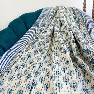 Kantha Stitch Pure Cotton Reversible Bed/Sofa Throw King Size | Handmade HandPrinted Floral Dohar | Mini Petal Bloom