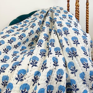 Kantha Quilted Stitch Pure Cotton Reversible Bed Throw King Size Quilt | Handmade HandPrint Country | Elegant White Blue Mughal Marigold