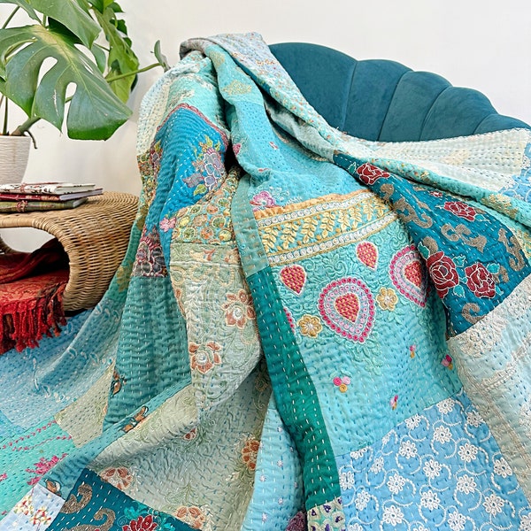 Seide Kantha Stitch Baumwolle Reversible Bett/Sofa Überwurf King Size | Patchwork Regal Royal Festival Dohar | Indischer Türkis Aqua Heller Meerfarbton