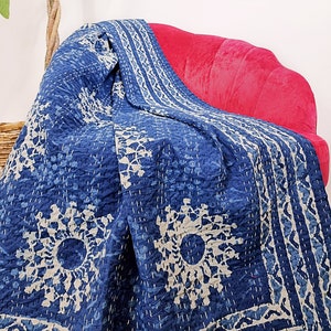 Kantha Stitch Pure Cotton Reversible Bed/Sofa Throw King Size | Handmade Dohar | Indigo Blue White Floral Tribal Mandala Chevron Border