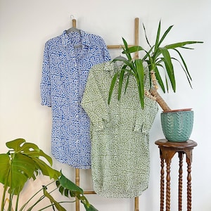 Pure Cotton Shirt Knee Dress Block Print Colourful Summer Earthy Lounge Comfy Daywear Beach Outfit Mughal Paisley Blue White Olive Green
