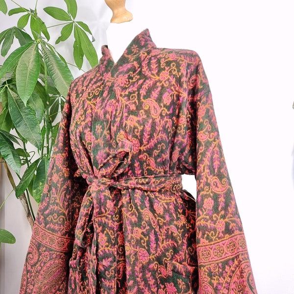 Paisley Unisex Yak Wool Blend Floral Kimono/Robe | Regal Deep Emerald Green Pink | Christmas Gift Cosy Warm