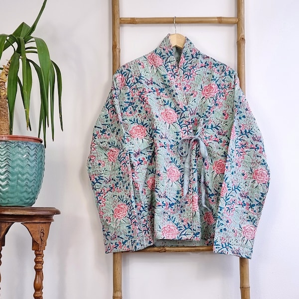 Kantha Reversible Short Length Spring Bolero Bohemian Melange Artist Front Tie Open Jacket | Mint Green Pastel Rose Japanese Oriental Art