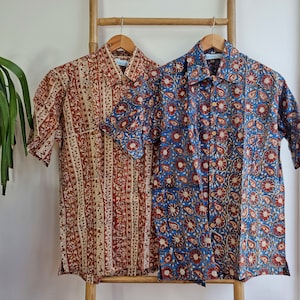 Men’s Shirt Pure Cotton Indian Handprinted Relaxed Summer Cool Comfortable Garden Boho Beach Picnic Urban Man Dad Gifts | Indigo Blue Red