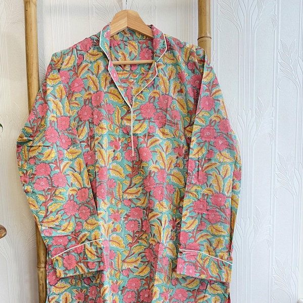 Nachthemd Luxus weiche Baumwolle indische Hand Block Frühling Pastell Aqua rosa Gelb botanische Blumen Lounge Nachtwäsche Nachthemd Mädchen