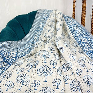 Kantha Stitch Pure Cotton Reversible Bed/Sofa Throw King Size Handmade Dohar White Indigo Blue Tree of Life Pattern | Country Home Hygge