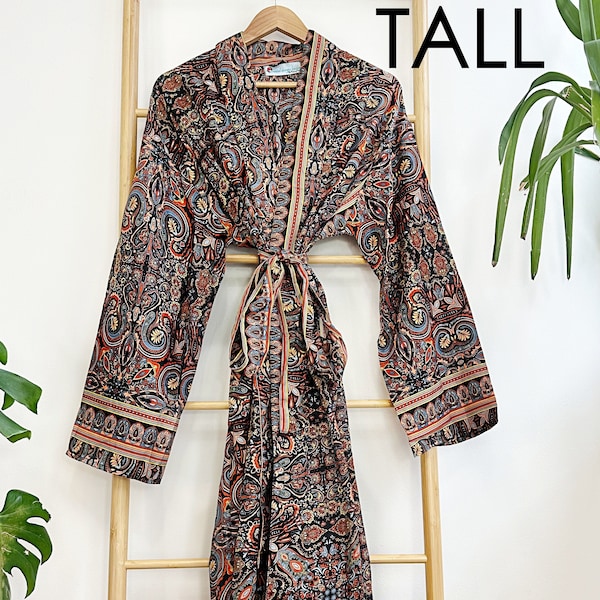 Tall Men's Silky Boho Kimonos Man House Beach Artist Robe - Digital Midnight Wanderer | Black Bohemian Festival Dressing Gown Lover Man Gift