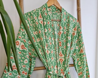 Peignoir d'artiste de plage soyeux kimonos Man House pour hommes | Ikat géométrique persan numérique vert orange | Cadeau artistique père mari amoureux