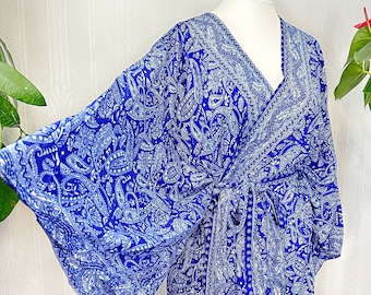 New Silk Sari Boho Kimono Regal House Robe - Luxury Lounge Digital Print Flowy Gown | Royal Rich Blue Ocean Hue Paisley Duster Coverup