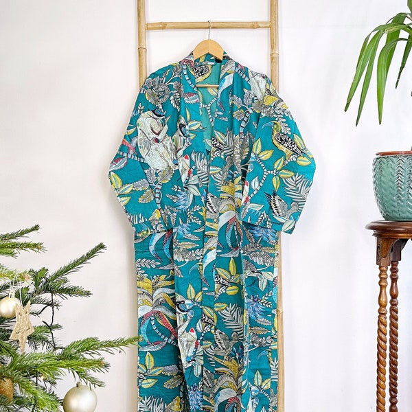 Men’s Cotton Funky House Dark Teal Robe Kimono Tribal Boho Festival Cool Dad Gift Father Husband | Quirky Bohemian Vibe Animal Totem Jungle