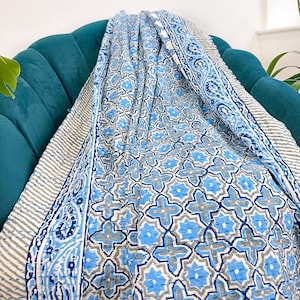 Kantha Stitch Pure Cotton Reversible Bed/Sofa Throw King Size | Handmade HandPrinted Floral Dohar | Persian Weave Petal Blue White Hue