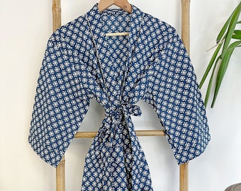 Men’s Cotton Handprinted House Robe Kimono - Regal Indigo Blue White Mini Motif