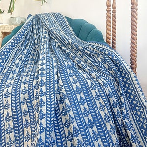 Kantha Stitch Pure Cotton Reversible Bed/Sofa Throw King Size Handmade Dohar | White Indigo Blue Geometric Climber Stripe Shrub Motif