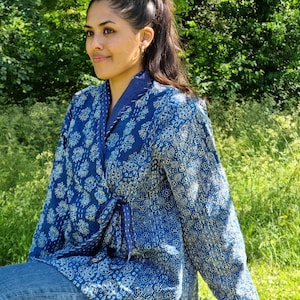 Kantha Reversible Short Length Spring Bolero Bohemian Artist Unisex Front Tie Jacket Indigo Blue White Ajrakh Geometric Festival Patchwork