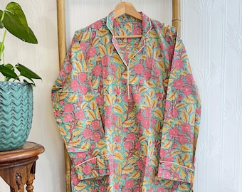 Camisa de noite de luxo, algodão macio, bloco de mão indiano, primavera, pastel, água, rosa, amarelo, botânico, floral, pijama para meninas
