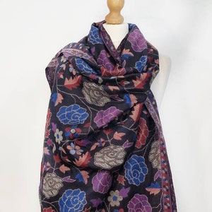 Kaani Pure Wool Pashmina Scarf Stole | Handmade Classic Gift  Large Scarves Shawl | All Season Floral Kashmir Black Purple Rose Blue