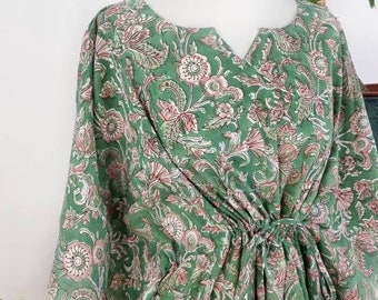 Pure Cotton Kaftan Short Dress Indian Block printed Summer Kimono Floral Beach Coverup Comfy Maternity | Sage Fresh Green Peach
