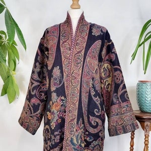 Luxury Pure Merino Boiled Wool Unisex Paisley Floral Kimono Jacket Robe | Persian Oriental Midnight Blue Rose Beige Desire Winter Lover Gift