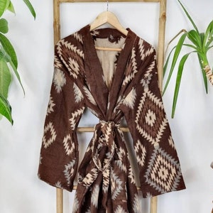 Unisex Yak Wool Blend Floral Kimono/Robe | Regal Urban Chocolate Brown Beige Geometric Diamonds Aztec Print | Winter Christmas Cosy Vibe