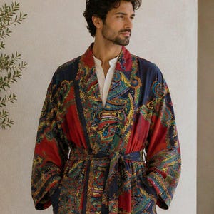Men’s Cotton Handprint House Robe Kimono | Quirky Christmas Summer Gift | Man Urban Father Husband Lover Spa Festival | Orange Navy Paisley