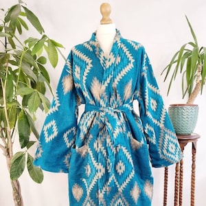 Kimono unisex in misto lana di yak con stampa floreale, caldo e accogliente / Regal Urban Bright Ocean Turquoise Geometric Diamonds Aztec Print